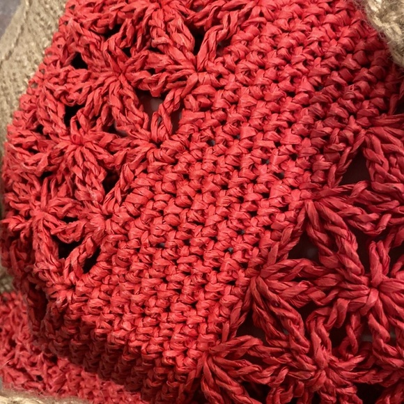 Boho Red and Natural Raffia Drawstring Backpack - Picture 7 of 7